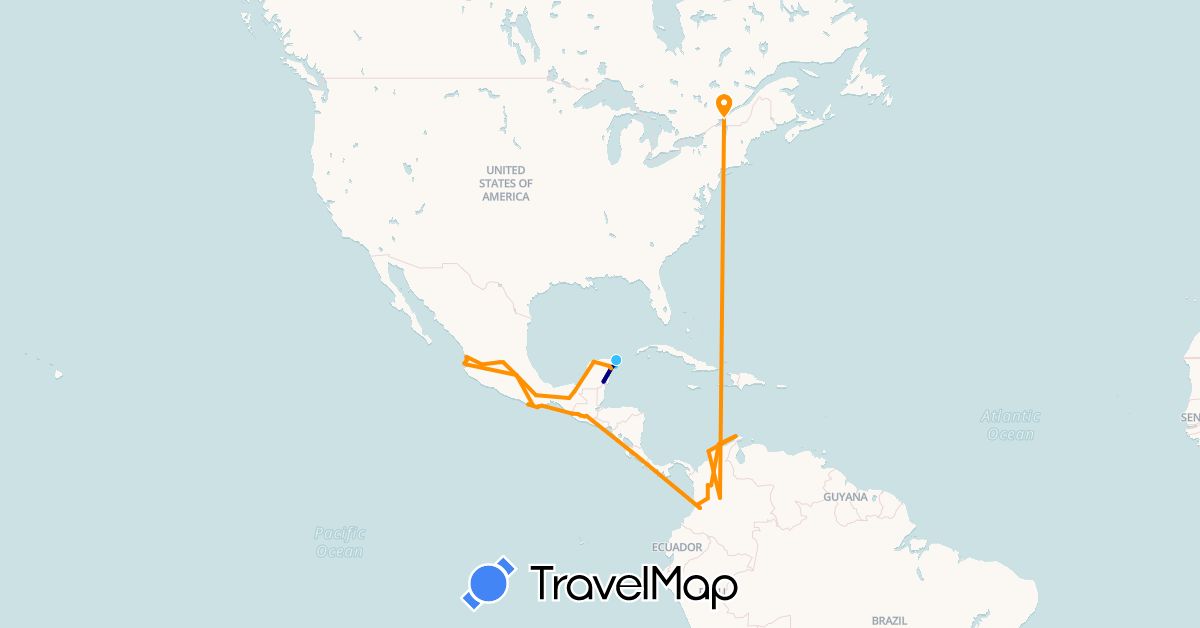 TravelMap itinerary: driving, boat, hitchhiking in Canada, Colombia, Guatemala, Mexico (North America, South America)